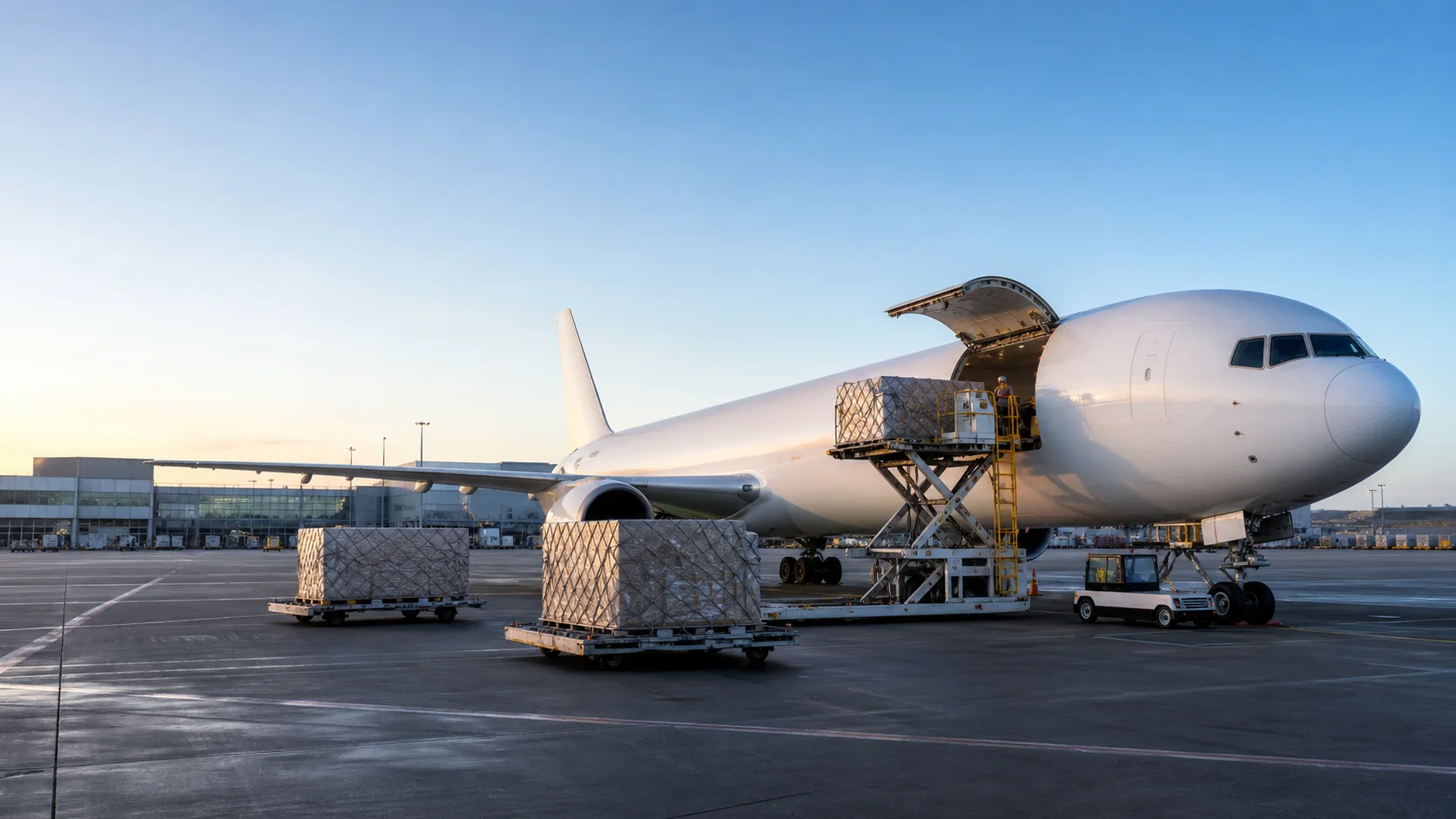 Unbranded cargo aircraft and neutral freight equipment at a modern commercial airport