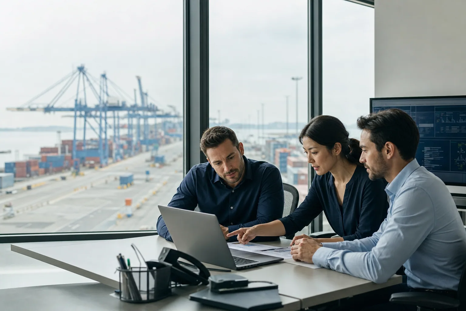 Professional freight coordinators reviewing a shipment plan in a modern port office