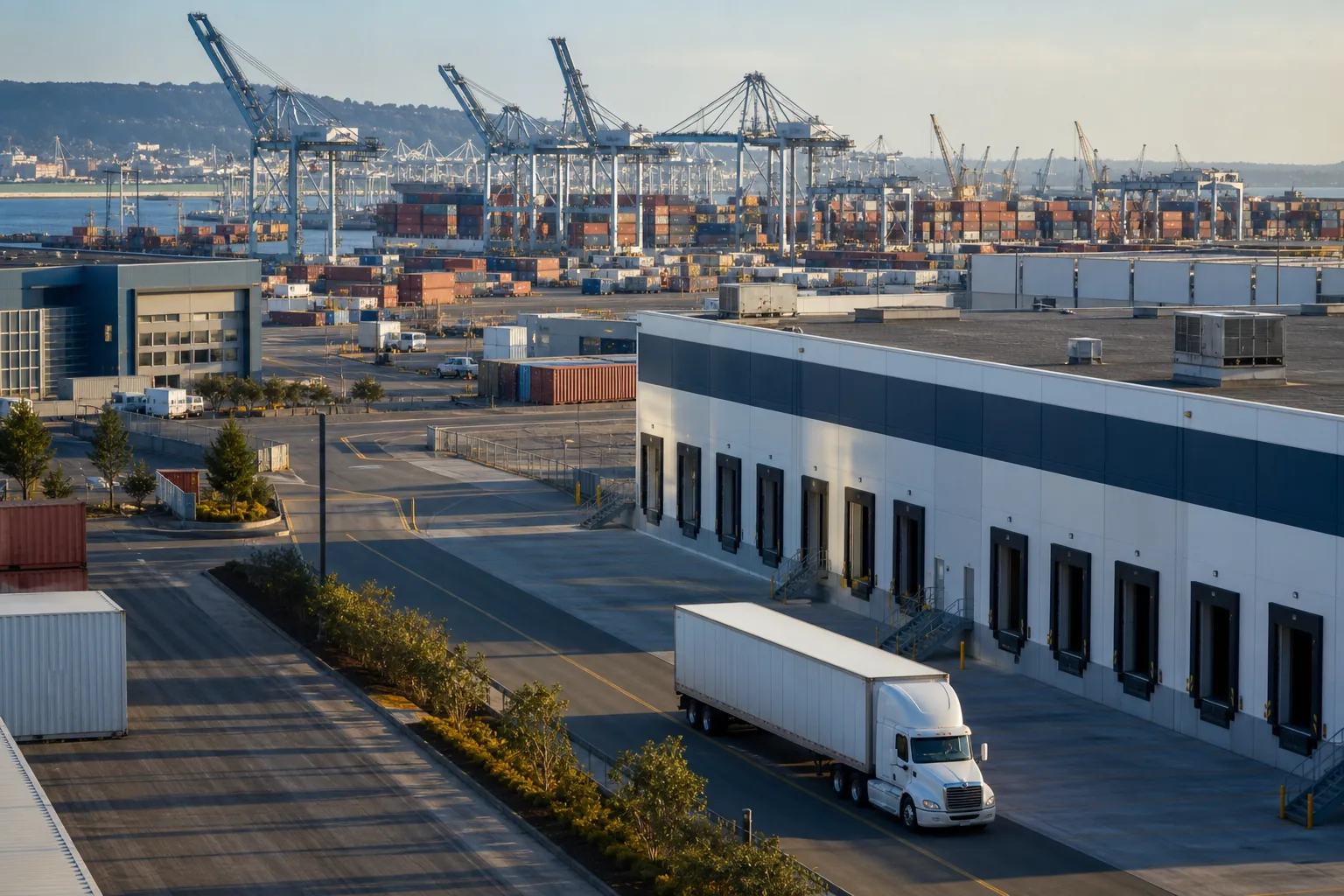 Unbranded truck entering a modern North American distribution center near a commercial port